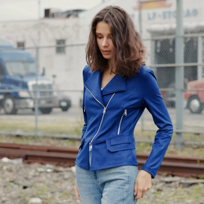 Liquid Leather Biker Jacket 8211 Cobalt Women Clara Sunwoo Jackets Cardigans