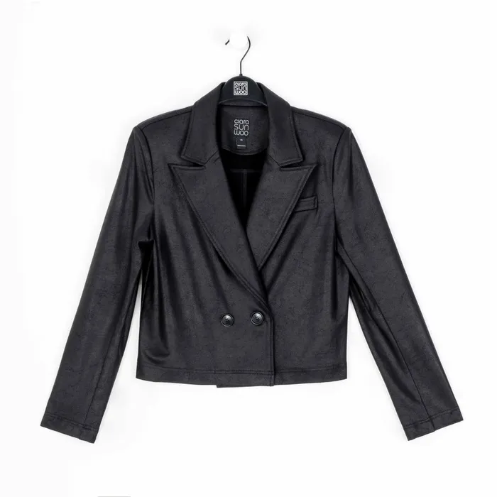Liquid Leather Cropped Tuxedo Blazer 8211 Black 8211 Limited Sizes Women Clara Sunwoo Jackets Cardigans
