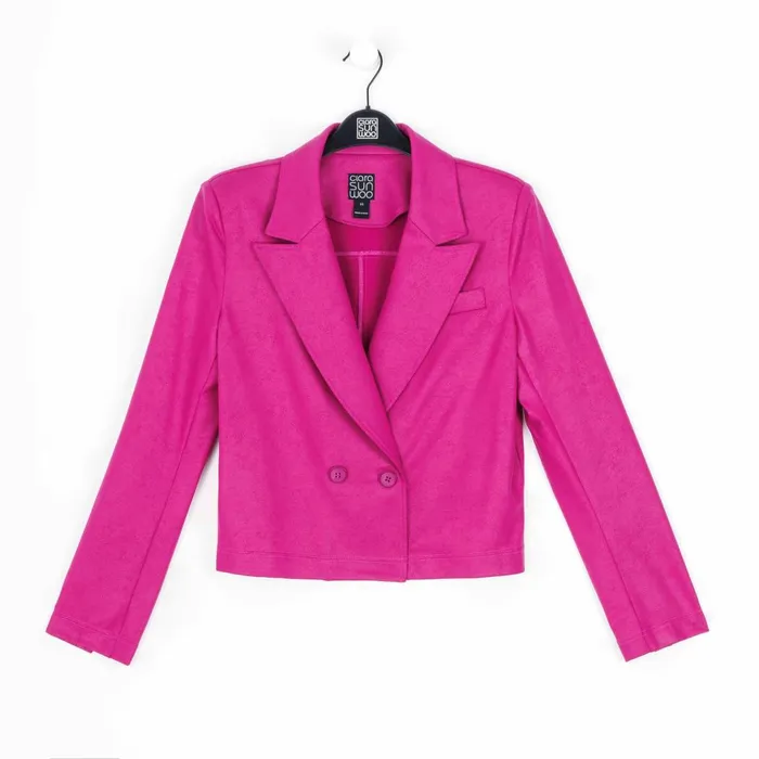 Liquid Leather Cropped Tuxedo Blazer 8211 Magenta 8211 Limited Sizes Women Clara Sunwoo Jackets Cardigans