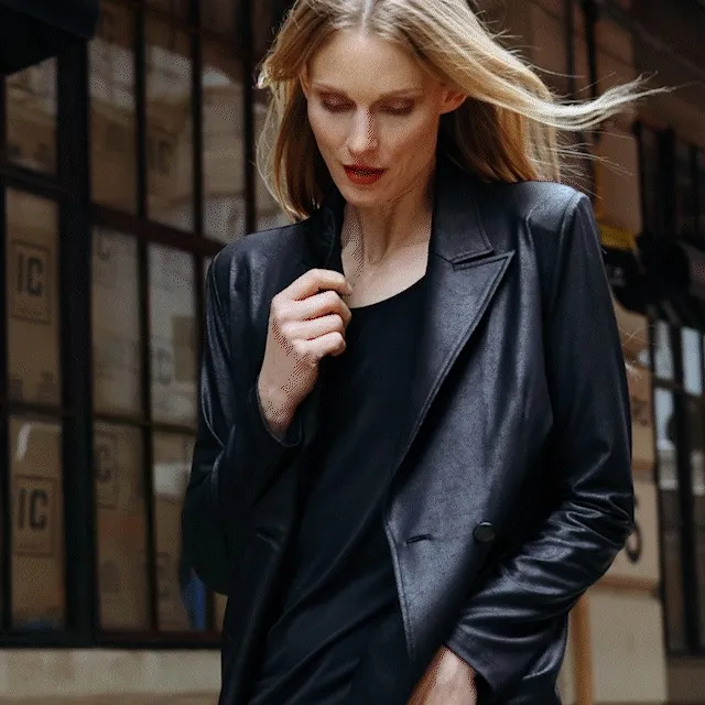 Liquid Leather Double Breasted Blazer 8211 Black Women Clara Sunwoo Jackets Cardigans