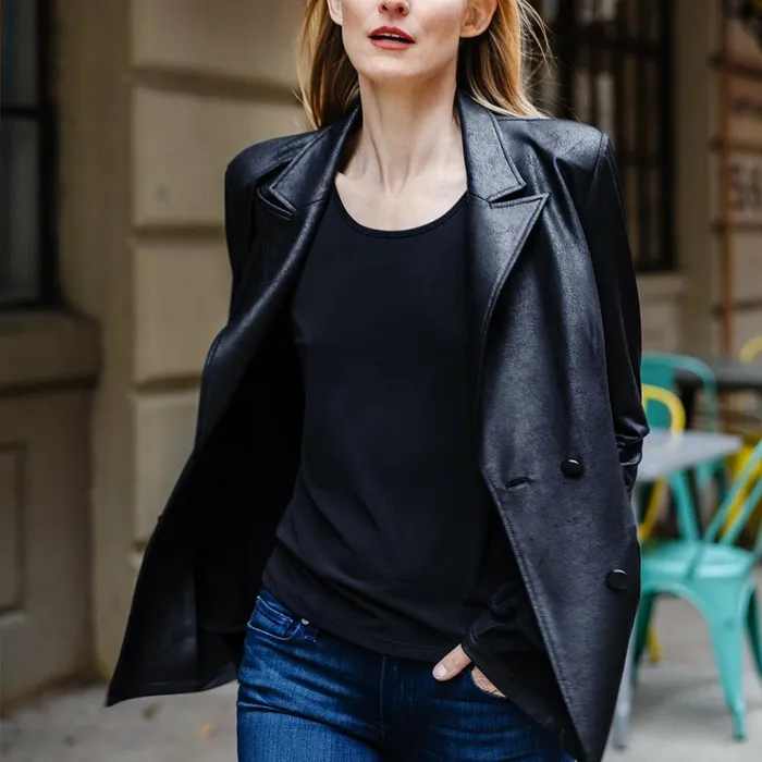 Liquid Leather Double Breasted Blazer 8211 Black Women Clara Sunwoo Jackets Cardigans