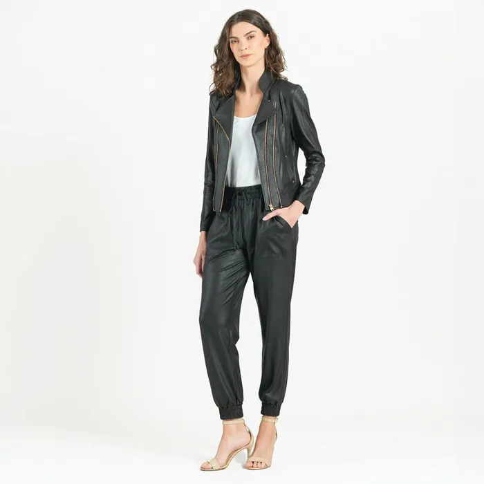Liquid Leather Double Zip Pocket Jacket 8211 Black Women Clara Sunwoo Jackets Cardigans