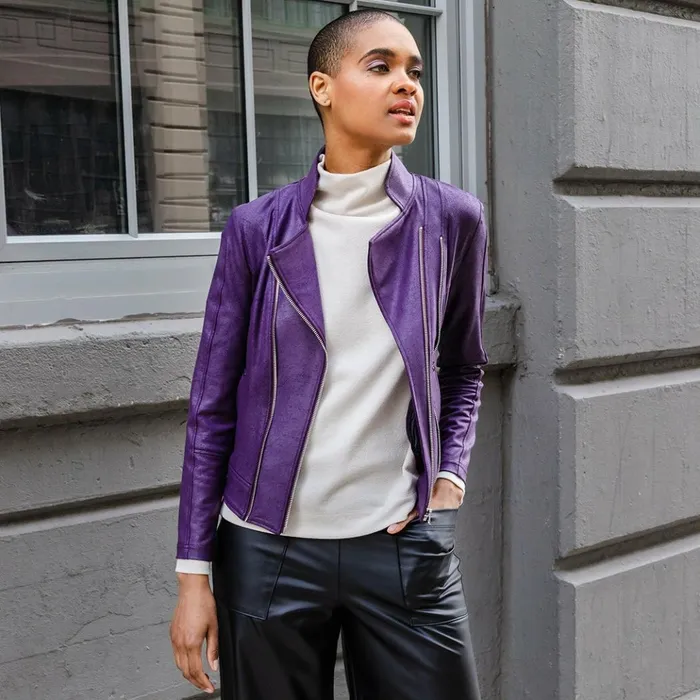 Liquid Leather Double Zip Pocket Jacket 8211 Eggplant 8211 Final Sale Women Clara Sunwoo Jackets Cardigans