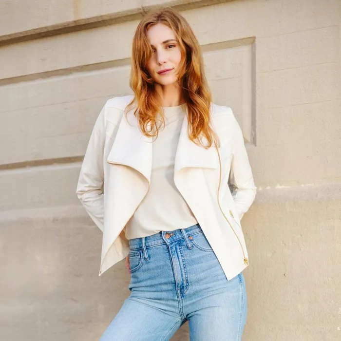 Liquid Leather Drape Neck Zip Jacket 8211 Ivory Women Clara Sunwoo Jackets Cardigans