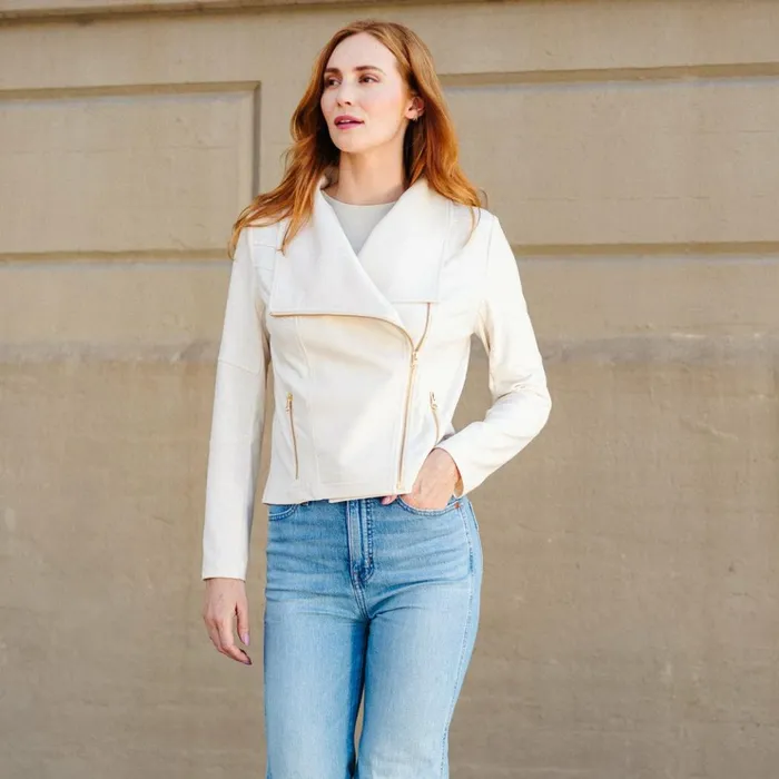 Liquid Leather Drape Neck Zip Jacket 8211 Ivory Women Clara Sunwoo Jackets Cardigans