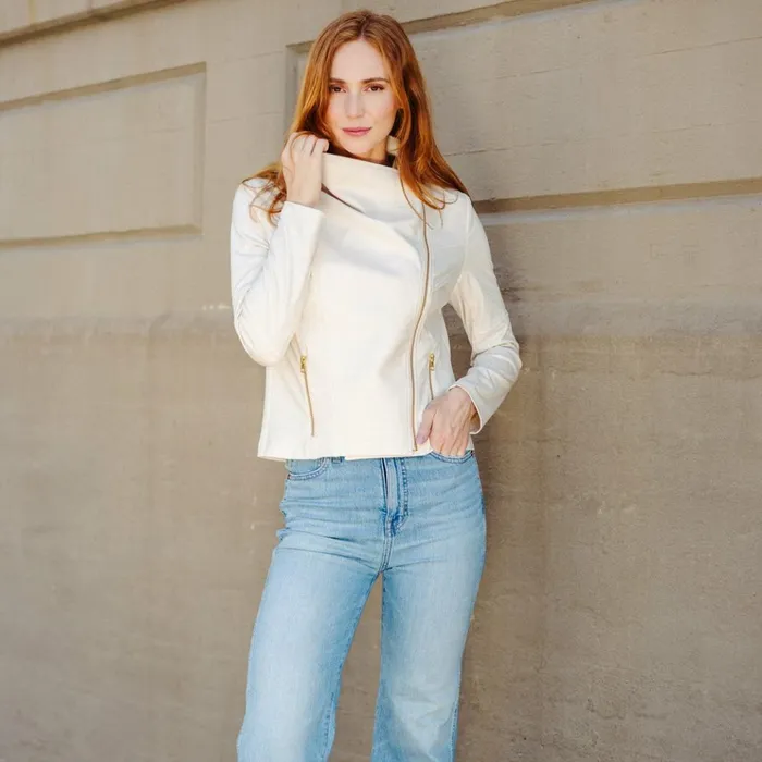 Liquid Leather Drape Neck Zip Jacket 8211 Ivory Women Clara Sunwoo Jackets Cardigans