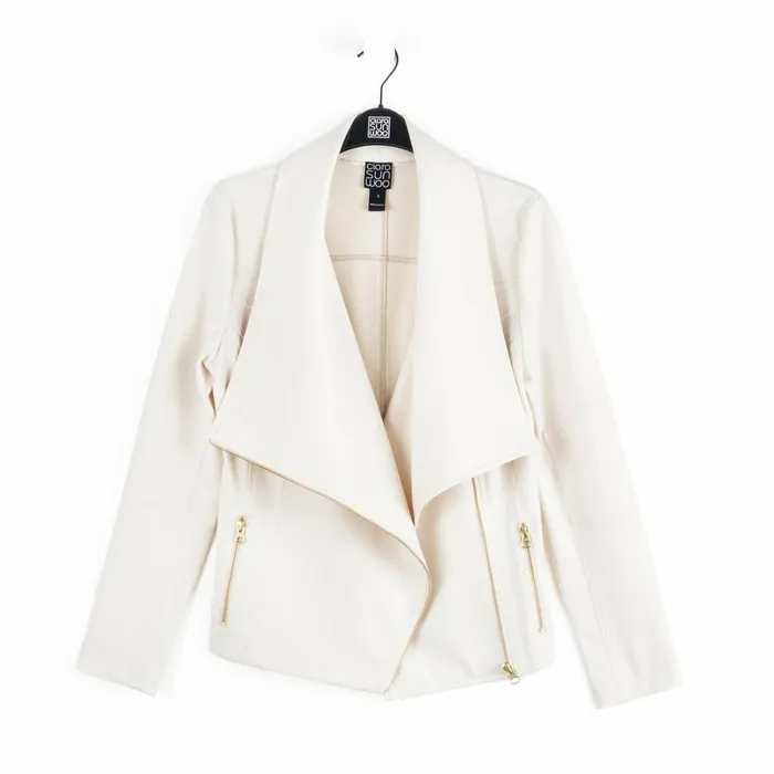 Liquid Leather Drape Neck Zip Jacket 8211 Ivory Women Clara Sunwoo Jackets Cardigans