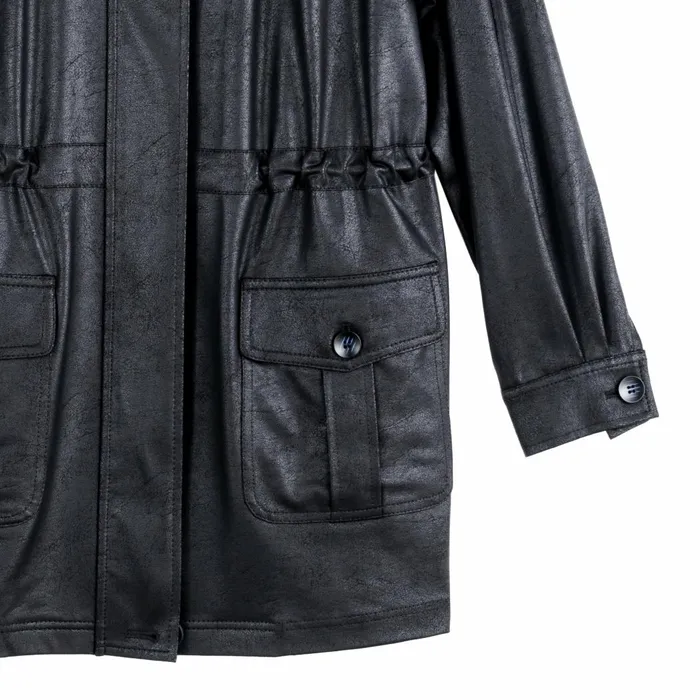Liquid Leather Drawstring Waist Utility Jacket 8211 Black Women Clara Sunwoo Jackets Cardigans