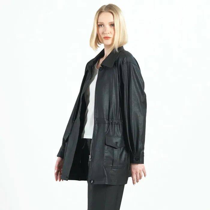Liquid Leather Drawstring Waist Utility Jacket 8211 Black Women Clara Sunwoo Jackets Cardigans