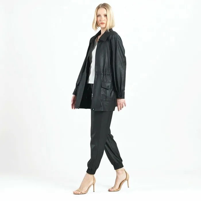 Liquid Leather Drawstring Waist Utility Jacket 8211 Black Women Clara Sunwoo Jackets Cardigans