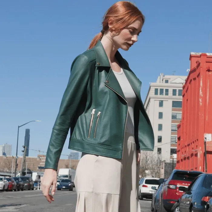 Liquid Leather Moto Zip Jacket 8211 Hunter Green Women Clara Sunwoo Jackets Cardigans