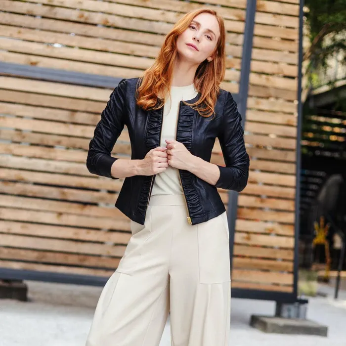 Liquid Leather Ruched Detail Jacket 8211 Black Women Clara Sunwoo Jackets Cardigans