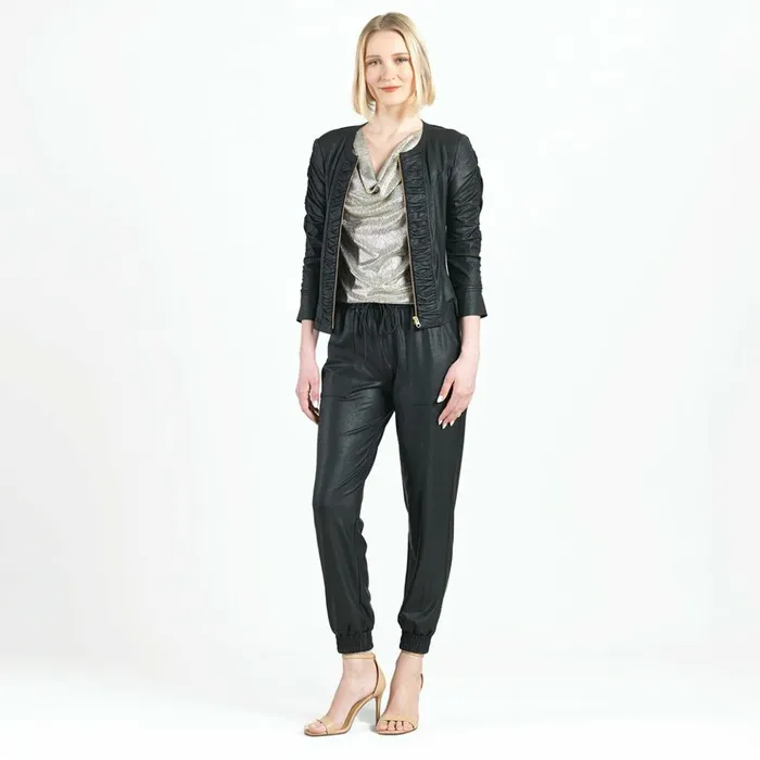 Liquid Leather Ruched Detail Jacket 8211 Black Women Clara Sunwoo Jackets Cardigans