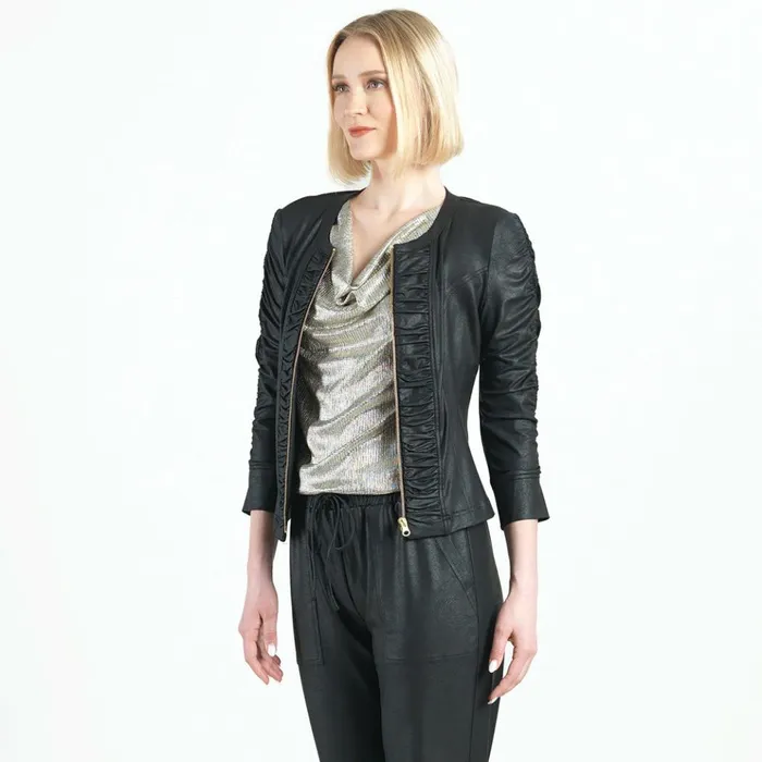 Liquid Leather Ruched Detail Jacket 8211 Black Women Clara Sunwoo Jackets Cardigans