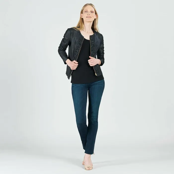 Liquid Leather Ruched Detail Jacket 8211 Black Women Clara Sunwoo Jackets Cardigans