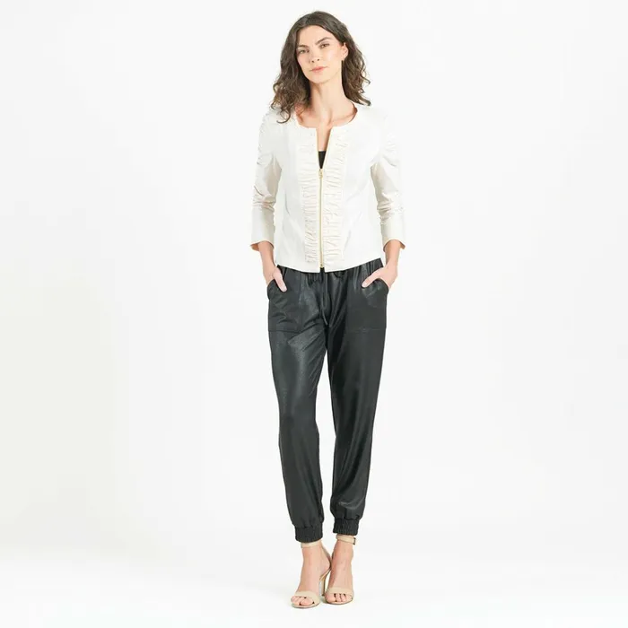 Liquid Leather Ruched Detail Jacket 8211 Ivory Women Clara Sunwoo Jackets Cardigans