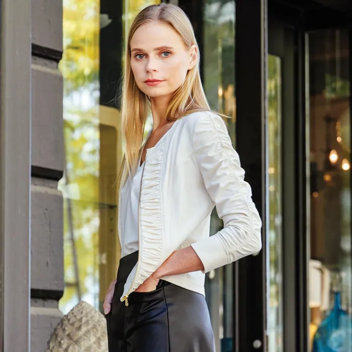 Liquid Leather Ruched Detail Jacket 8211 Ivory Women Clara Sunwoo Jackets Cardigans