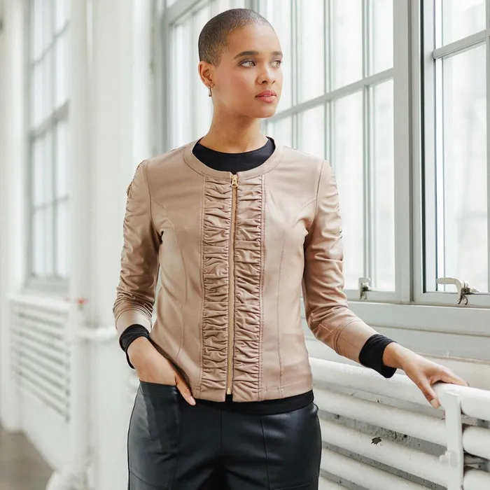 Liquid Leather Ruched Detail Jacket 8211 Taupe Women Clara Sunwoo Jackets Cardigans Liquid Leather Ruched Detail Jacket 8211 Taupe Women Clara Sunwoo Jackets Cardigans