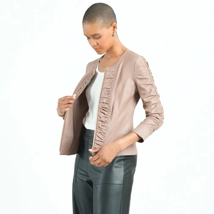 Liquid Leather Ruched Detail Jacket 8211 Taupe Women Clara Sunwoo Jackets Cardigans