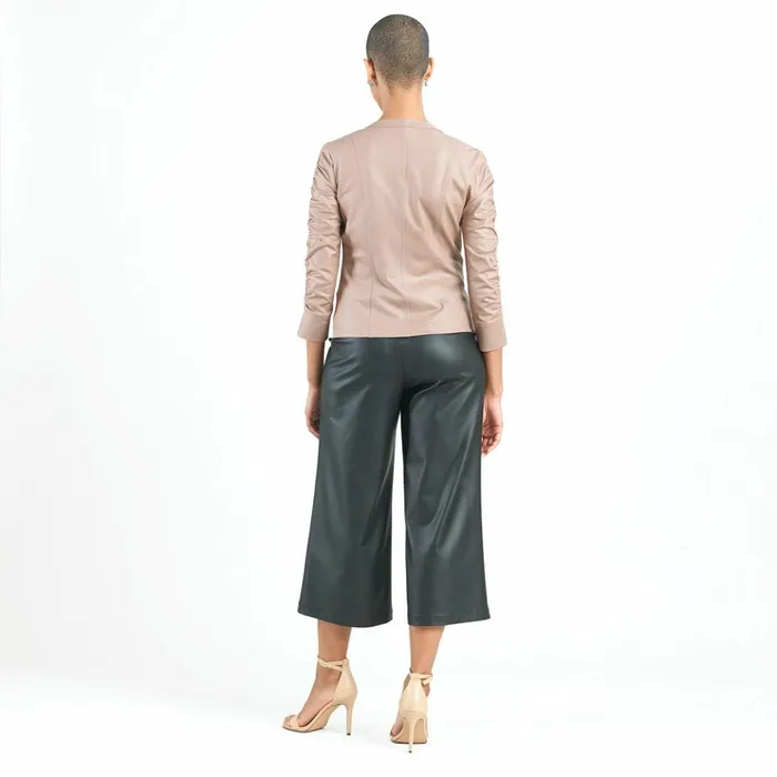 Liquid Leather Ruched Detail Jacket 8211 Taupe Women Clara Sunwoo Jackets Cardigans