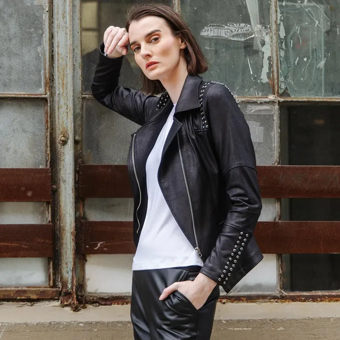 Liquid Leather Studded Jacket 8211 Black Women Clara Sunwoo Jackets Cardigans