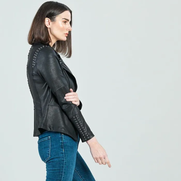 Liquid Leather Studded Jacket 8211 Black Women Clara Sunwoo Jackets Cardigans