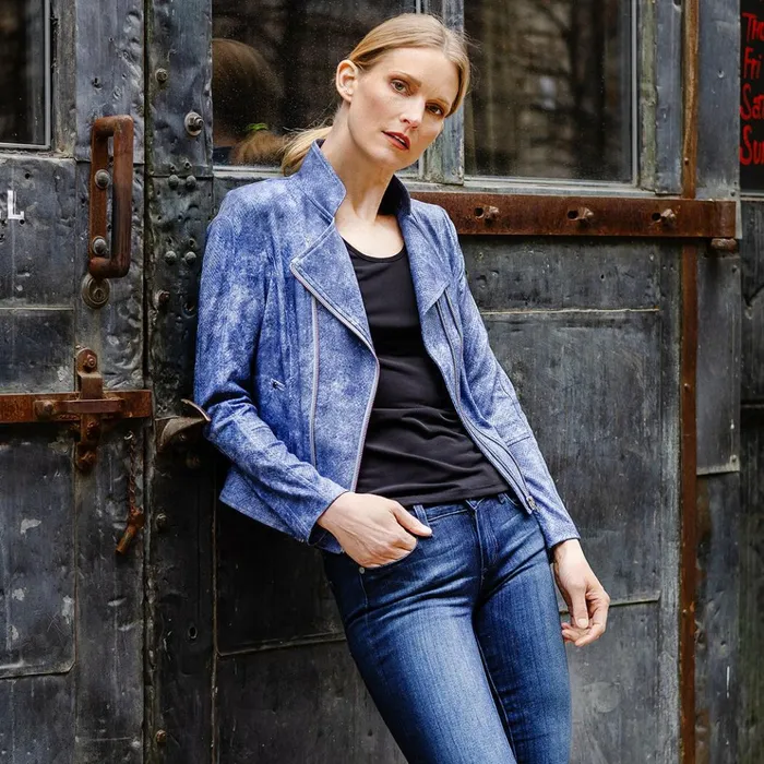 Liquid Leather Textured Double Zip Pocket Jacket 8211 Denim 8211 Final Sale Women Clara Sunwoo Jackets Cardigans