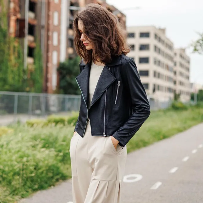 Liquid Leather Zip Cuff Moto Waist Jacket 8211 Black Women Clara Sunwoo Spring Collection