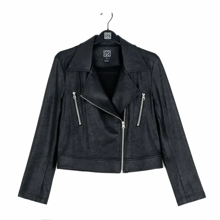 Liquid Leather Zip Cuff Moto Waist Jacket 8211 Black Women Clara Sunwoo Spring Collection