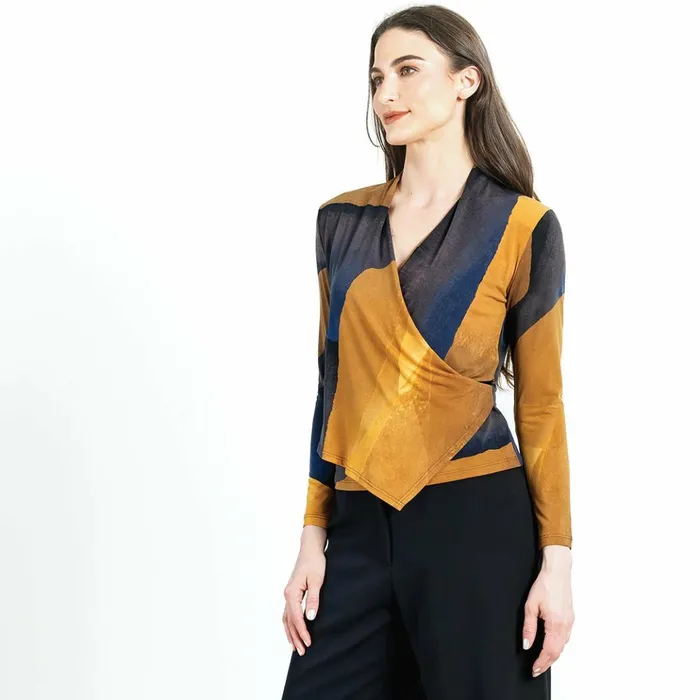 Long Sleeve Crossover Faux Wrap Top 8211 Tan Watercolor 8211 Final Sale Women Clara Sunwoo Tops Tunics