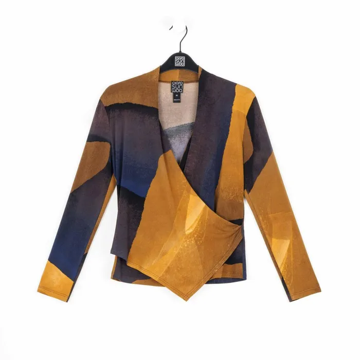 Long Sleeve Crossover Faux Wrap Top 8211 Tan Watercolor 8211 Final Sale Women Clara Sunwoo Tops Tunics