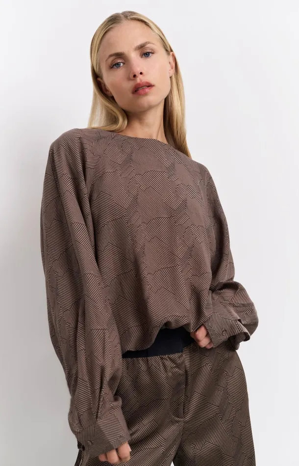 Longsleeve Top With Print And Drawcord Caribou Brown Dessin Women YAYA Tops