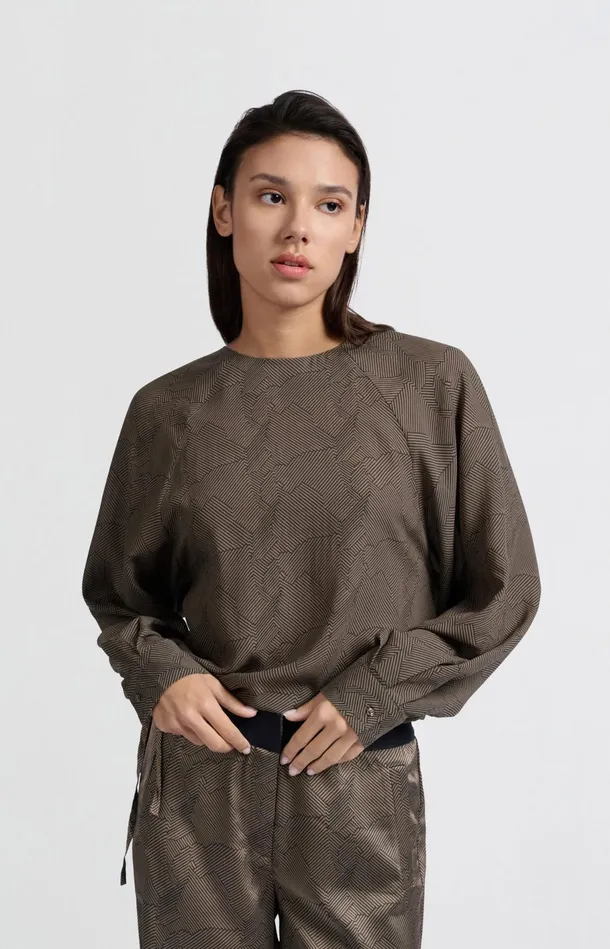 Longsleeve Top With Print And Drawcord Caribou Brown Dessin Women YAYA Tops Longsleeve Top With Print And Drawcord Caribou Brown Dessin Women YAYA Tops