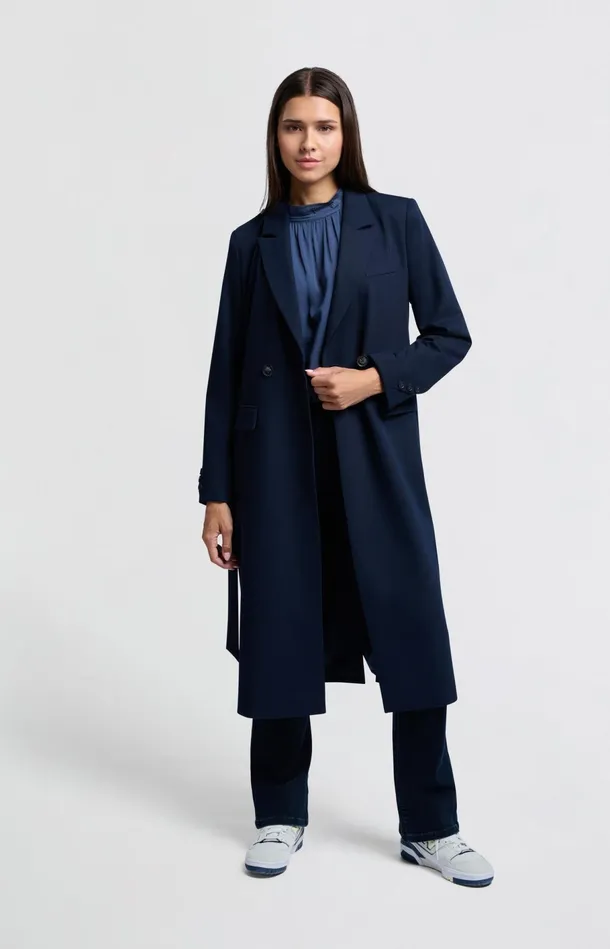 Long Woven Blazer Coat With Belt Outer Space Blue Women YAYA Blazers