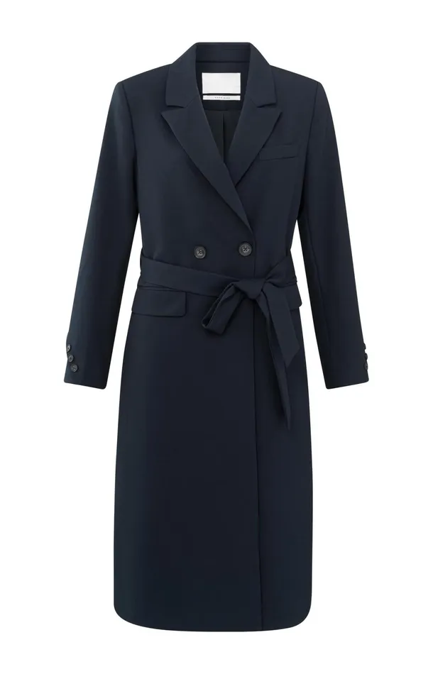 Long Woven Blazer Coat With Belt Outer Space Blue Women YAYA Blazers Long Woven Blazer Coat With Belt Outer Space Blue Women YAYA Blazers