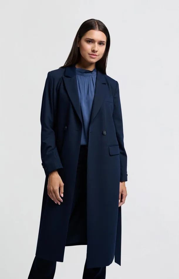 Long Woven Blazer Coat With Belt Outer Space Blue Women YAYA Blazers Long Woven Blazer Coat With Belt Outer Space Blue Women YAYA Blazers