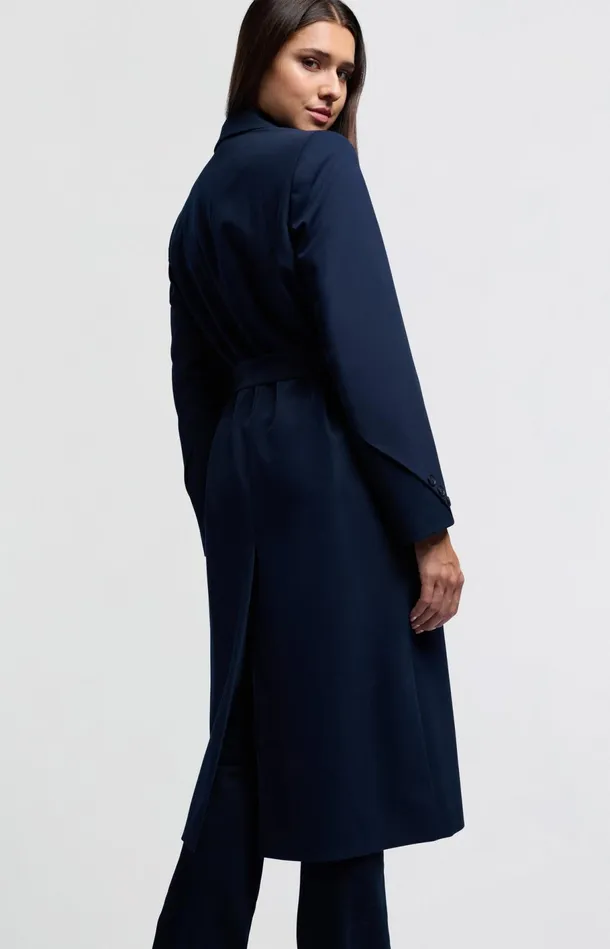 Long Woven Blazer Coat With Belt Outer Space Blue Women YAYA Blazers Long Woven Blazer Coat With Belt Outer Space Blue Women YAYA Blazers