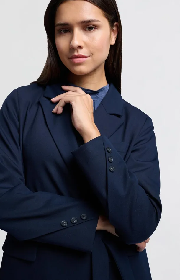 Long Woven Blazer Coat With Belt Outer Space Blue Women YAYA Blazers Long Woven Blazer Coat With Belt Outer Space Blue Women YAYA Blazers