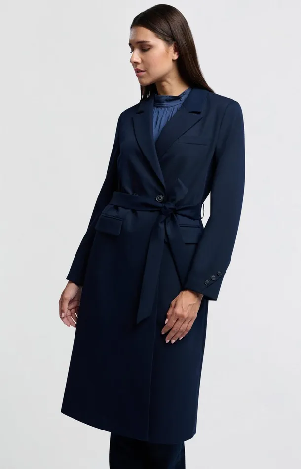 Long Woven Blazer Coat With Belt Outer Space Blue Women YAYA Blazers Long Woven Blazer Coat With Belt Outer Space Blue Women YAYA Blazers