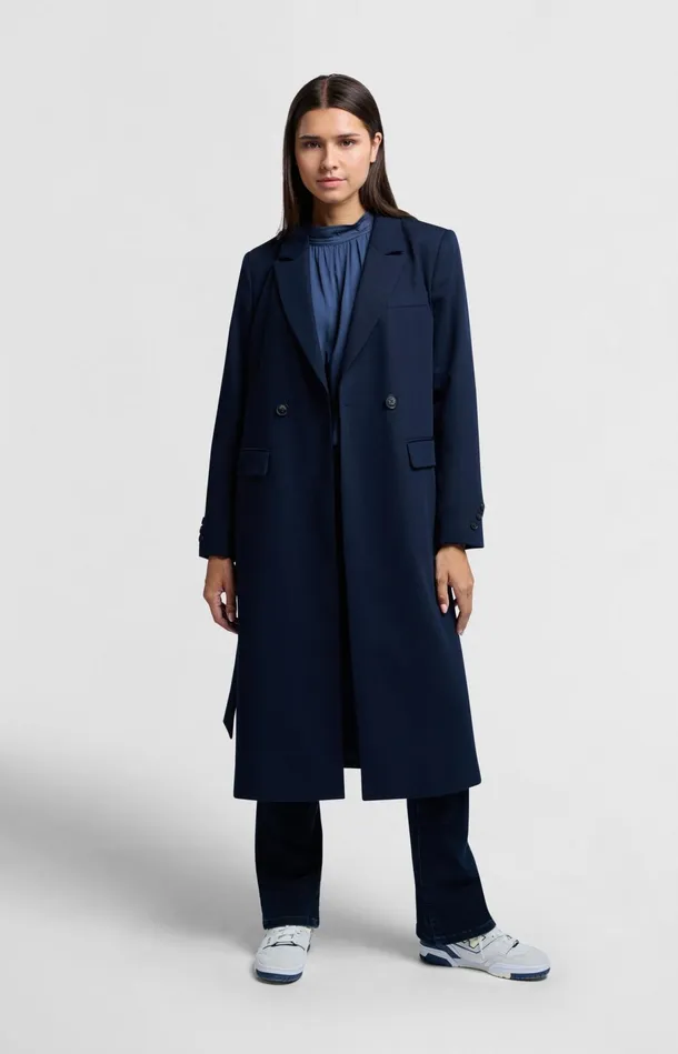 Long Woven Blazer Coat With Belt Outer Space Blue Women YAYA Blazers Long Woven Blazer Coat With Belt Outer Space Blue Women YAYA Blazers