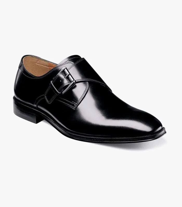 Men Belfast Plain Toe Monk Strap Black Florsheim Dress Shoes