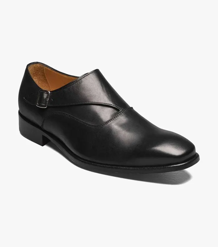 Men Caravel Plain Toe Monk Strap Black Florsheim Dress Shoes