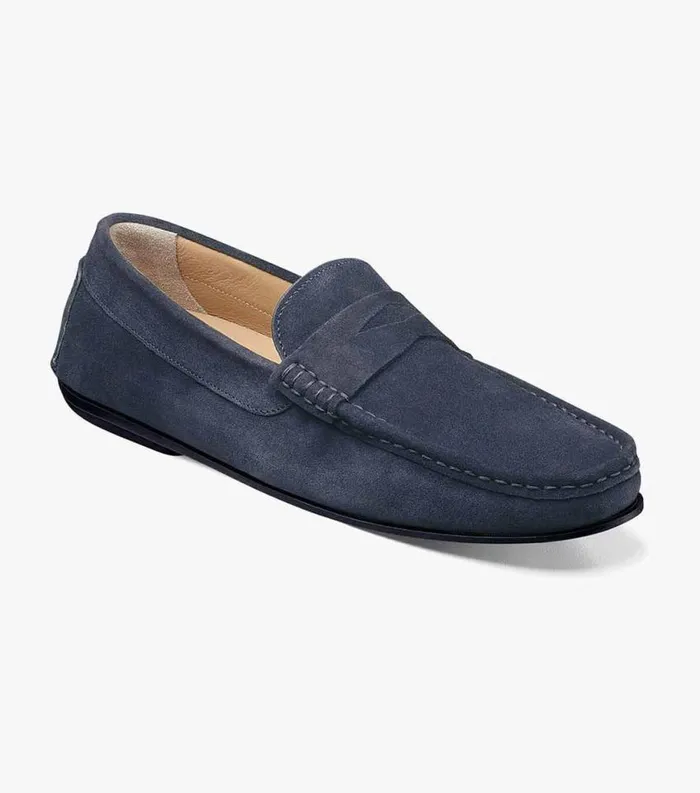 Men Fuego Moc Toe Penny Loafer Navy Suede Florsheim Dress Shoes