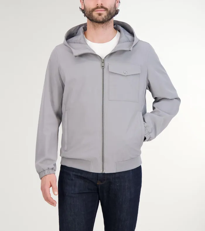Men Hooded Jacket With Rib Hem Gray Cole Haan Outerwear