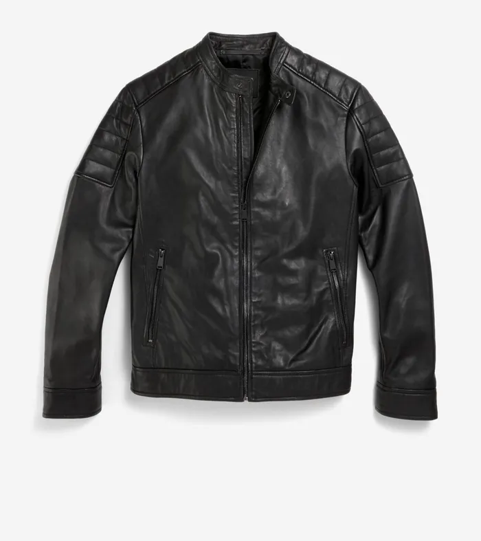 Men Leather Racer Jacket Black Cole Haan Suede and Leather Jackets