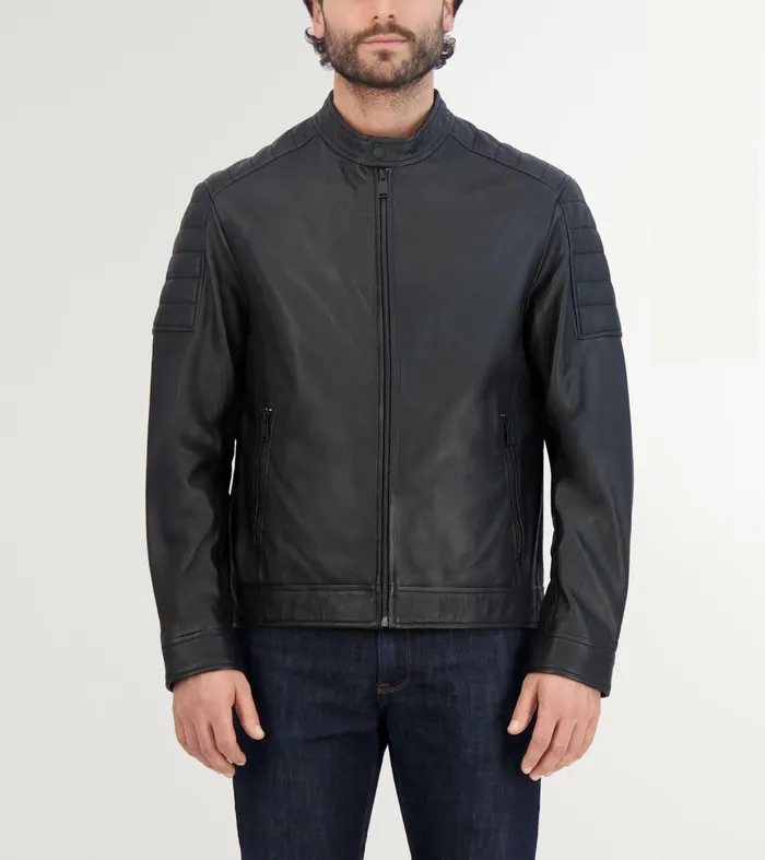 Men Leather Racer Jacket Black Cole Haan Suede and Leather Jackets