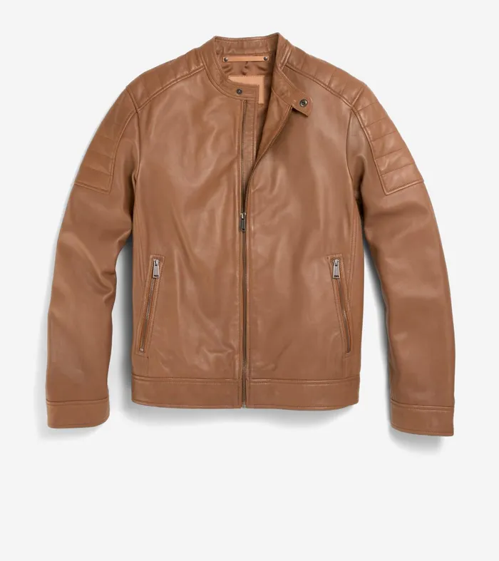 Men Leather Racer Jacket Camel Cole Haan Outerwear