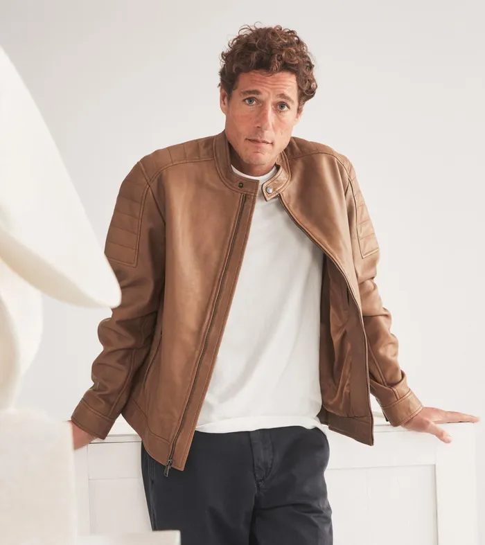Men Leather Racer Jacket Camel Cole Haan Outerwear