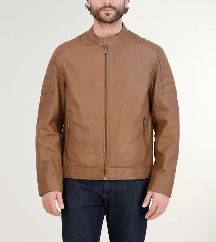 Men Leather Racer Jacket Camel Cole Haan Outerwear