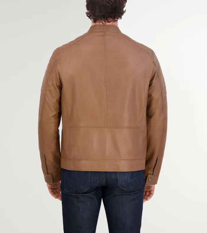 Men Leather Racer Jacket Camel Cole Haan Outerwear